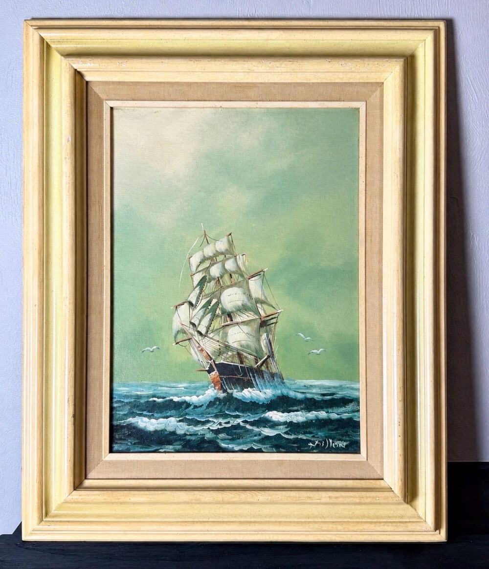 1970s Vintage Sailboat Painting on Canvas | Mid-Century Nautical Seascape